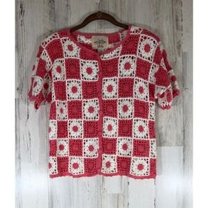 Fiorlini International Crochet Cardigan Sweater Pink White Granny Squares Small